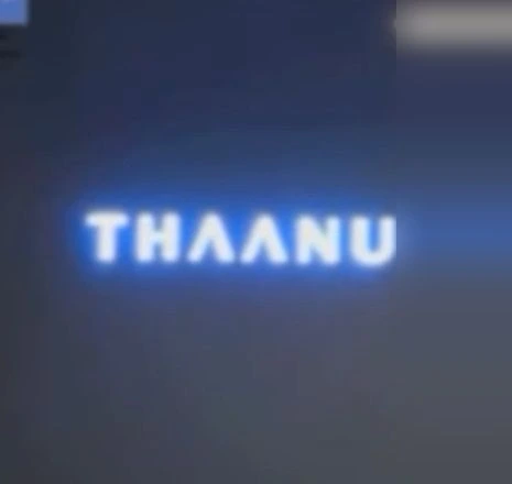 The black inner room at Thaanu: the backlit THAANU letters on the back wall and the black cube counter